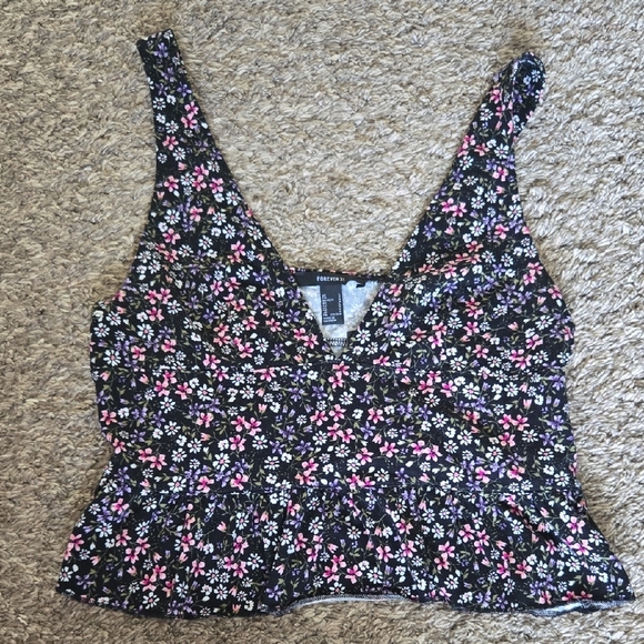 Forever 21 Tops - Forever 21 Black Floral Peplum Tank Top Size Large